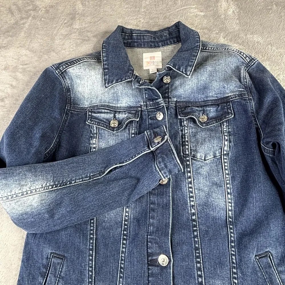 Lularoe Harvey Denim Jean Jacket Embroidered Floral Dark Wash Women Large Button